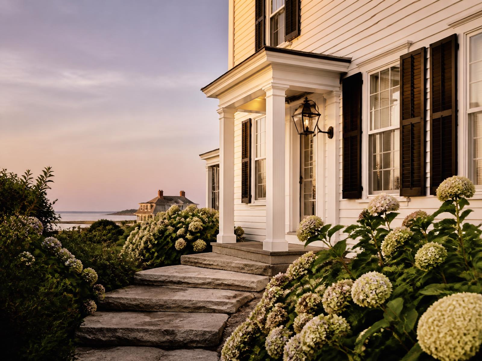 A classic New England clapboard home in golden-hour light on the New Hampshire Seacoast.