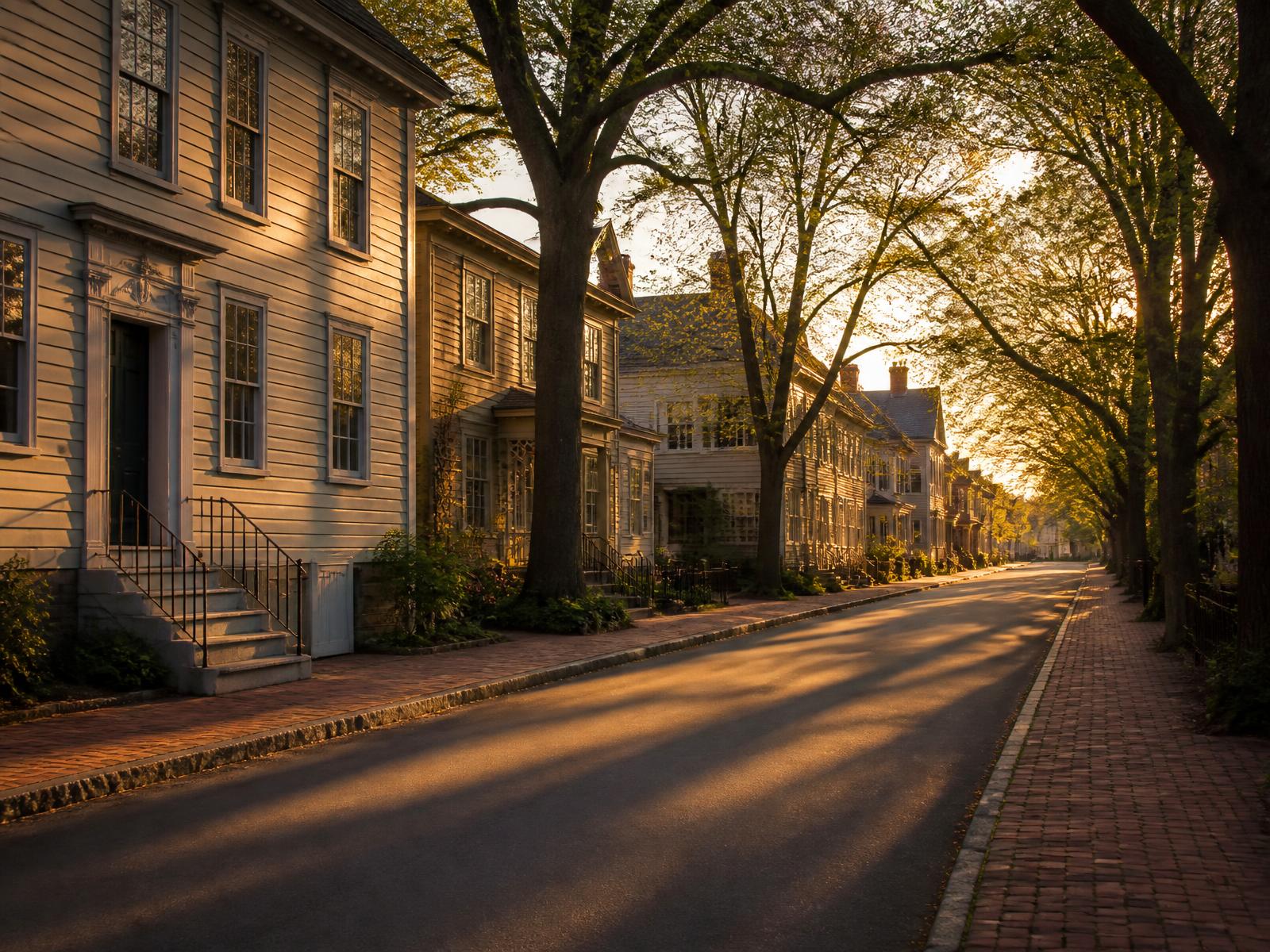 A quiet Portsmouth street at golden hour — historic clapboards and brick sidewalks.