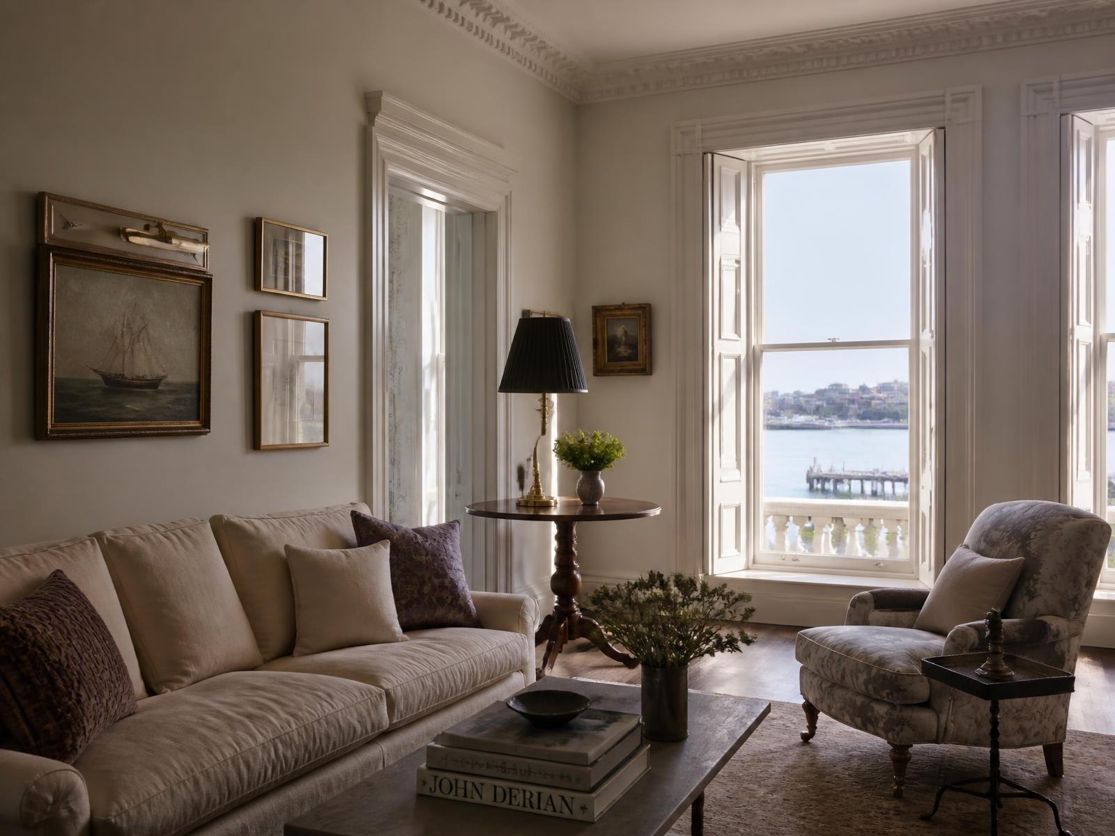 A carefully staged living room in a Portsmouth home with harbor light.